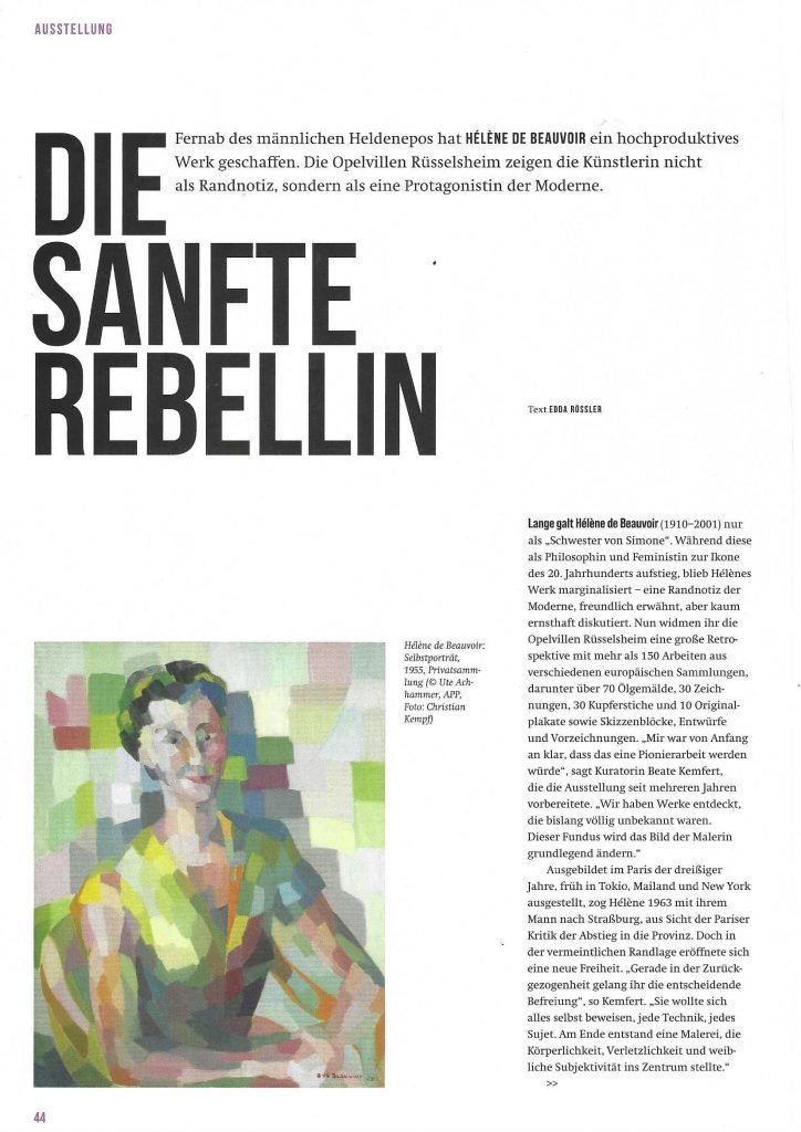Die sanfte Rebellin - Artikel über Héléne de Beauvoir und die Ausstellung in den Opelvillen Rüsselsheim von Edda Rössler in art kaleidoscope 4/25