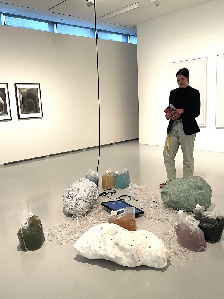 Die Installation von Katarina Dubovská verbindet organisch wirkende Formen, technische Geräte und farbige Flüssigkeiten zu einer Versuchsanordnung über Materialität und digitale Bildwelten. Analoge und virtuelle Wirklichkeiten gehen dabei ineinander über. . Im Hintergrund: Pressesprecherin Claudia Haevernick Foto: Edda Rössler