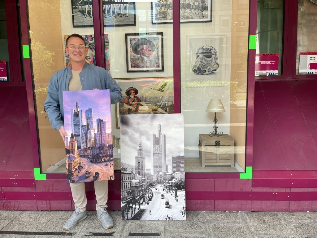 Pferdefuhrwerk trifft Hochhaus: In den sogenannten Zeitreise-Motiven begegnen sich das Frankfurt von gestern und die Metropole von heute auf überraschend harmonische Weise. Gude Art Wojtek Sitarski Foto: Edda Rössler