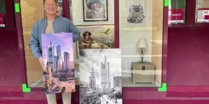 Pferdefuhrwerk trifft Hochhaus: In den sogenannten Zeitreise-Motiven begegnen sich das Frankfurt von gestern und die Metropole von heute auf überraschend harmonische Weise. Gude Art Wojtek Sitarski Foto: Edda Rössler